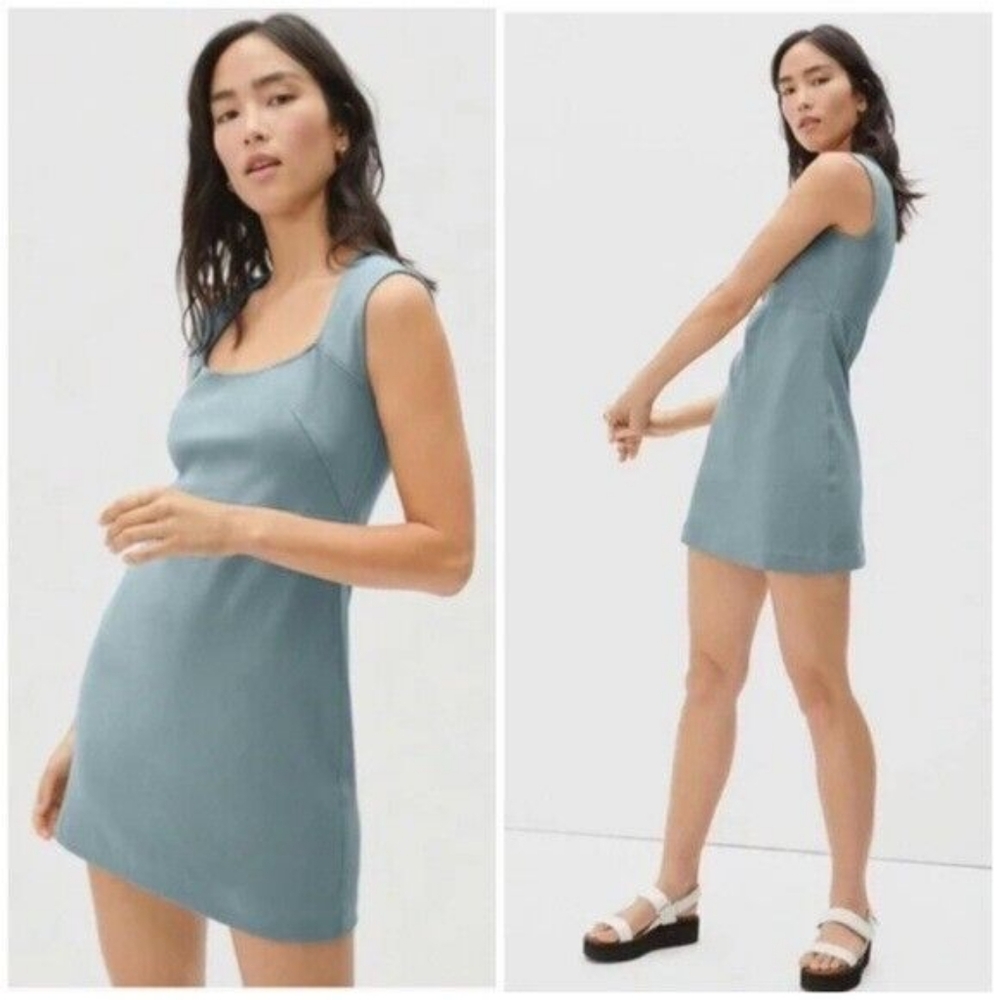 Everlane The 90's Mini Dress Seaglass Blue Square Scoop Cap Sleeve Cotton -S-